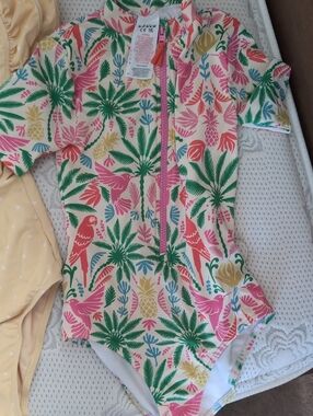 Mini Boden Pink Tropical Parrot Rashguard Swim Suit